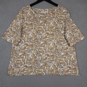 Chicos Shirt Women 3 US XL White Tan Modern Jewel Neck Abstract Tee Elbow Sleeve